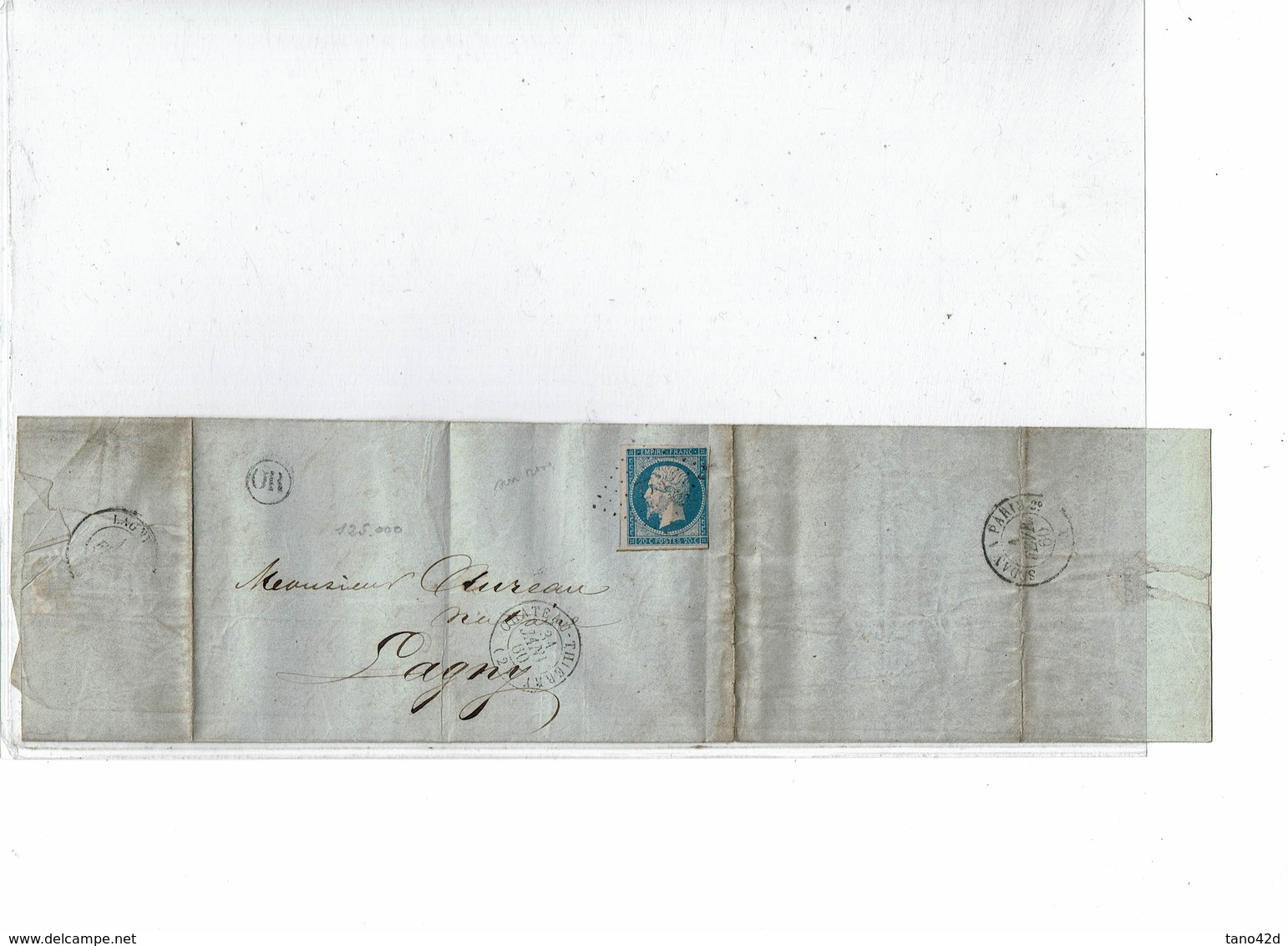 LCA4 -  NAPOLEON III 20c ND T I BLEU SUR LILAS CACHET "OR" CHATEAU THIERRY / LAGNY 31/1/1860 - 1853-1860 Napoleon III