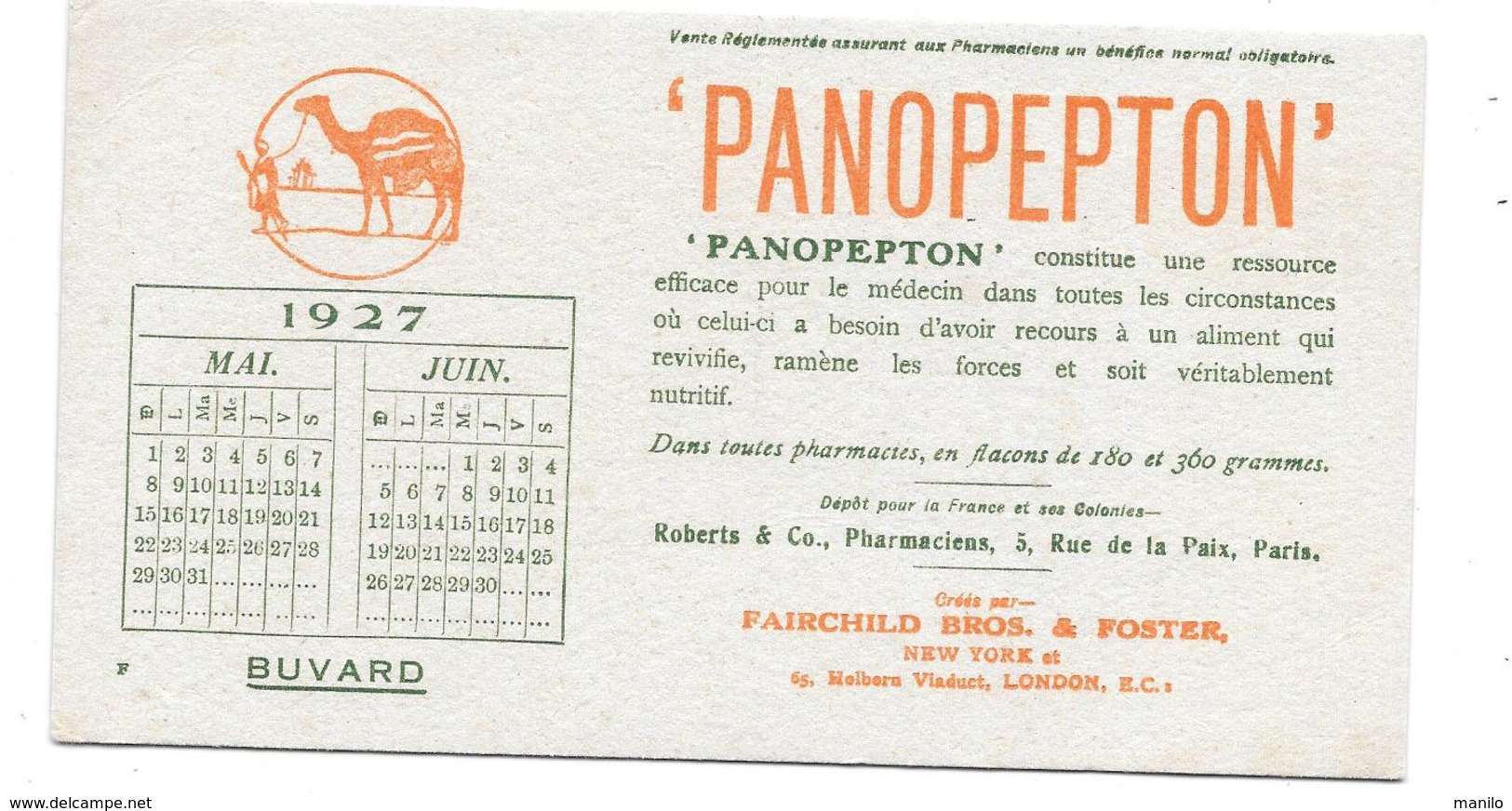 Buvard CALENDRIER 1927- PRODUITS PHARMACEUTIQUES LABORATOIRE ROBERTS & Co Paris FAIRCHILD BROS FOSTER London PANOPEPTON - Chemist's