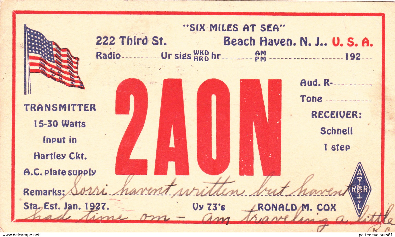 CPA Q.S.L. Carte De Radioamateurs Ancienne U.S.A. Beach Haven N.J. Accusé Réception Codifié (2 Scans) - Autres & Non Classés