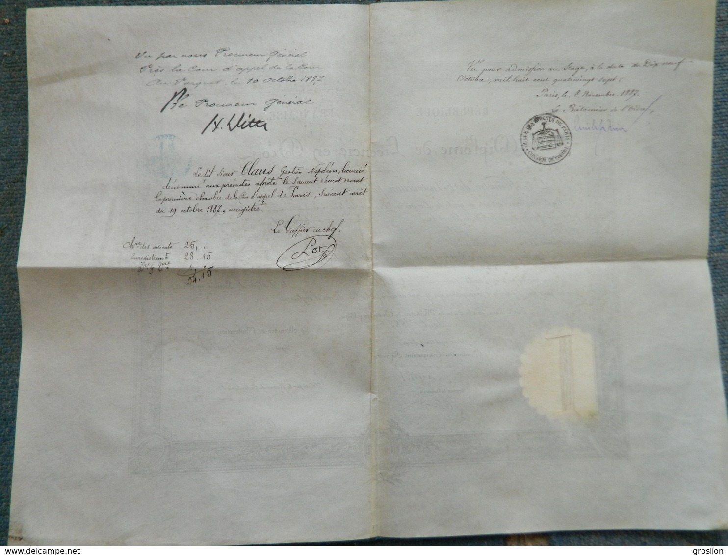 DIPLOME DE LICENCIE EN DROIT PARIS 1887 - Diplome Und Schulzeugnisse