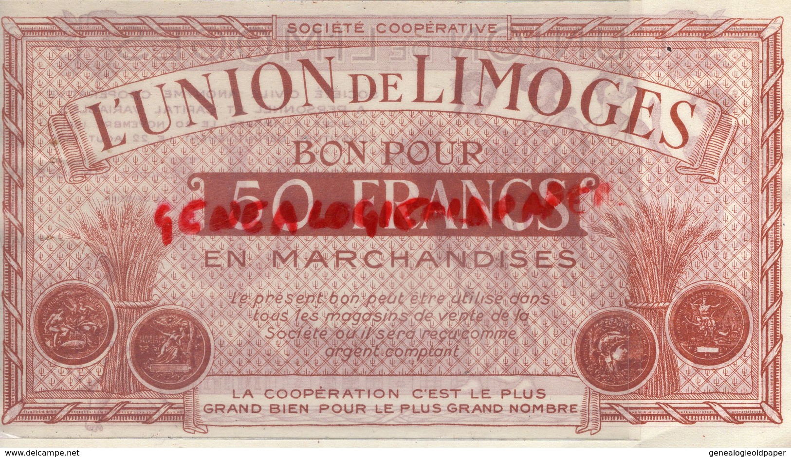 87 - LIMOGES - BON POUR 50 FRANCS L' UNION DE LIMOGES - COOP 14 RUE DE LA FONDERIE - Altri & Non Classificati
