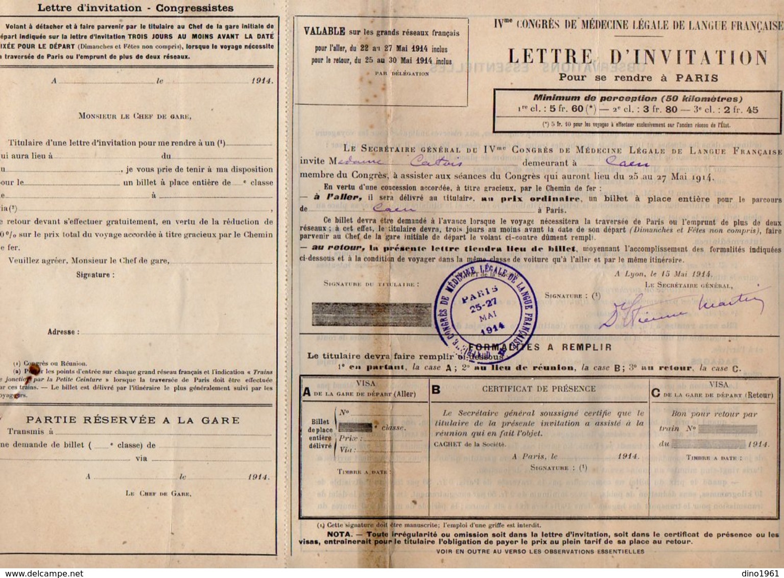 VP12.079 - LYON 1914 - 4è Congrès De Médecine - Lettre D'invitation Pour Se Rendre De CAEN à PARIS Par Le Chemins De Fer - Other & Unclassified