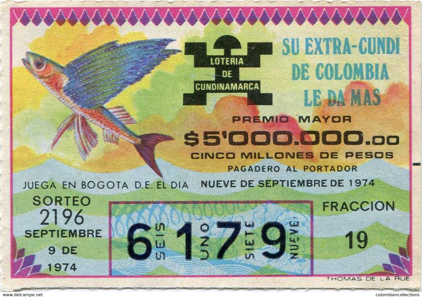 Lote 722, Colombia, Loteria, Lottery, Loteria De Cundinamarca, Sorteo 2196, Pez Volador, Fish - Billets De Loterie