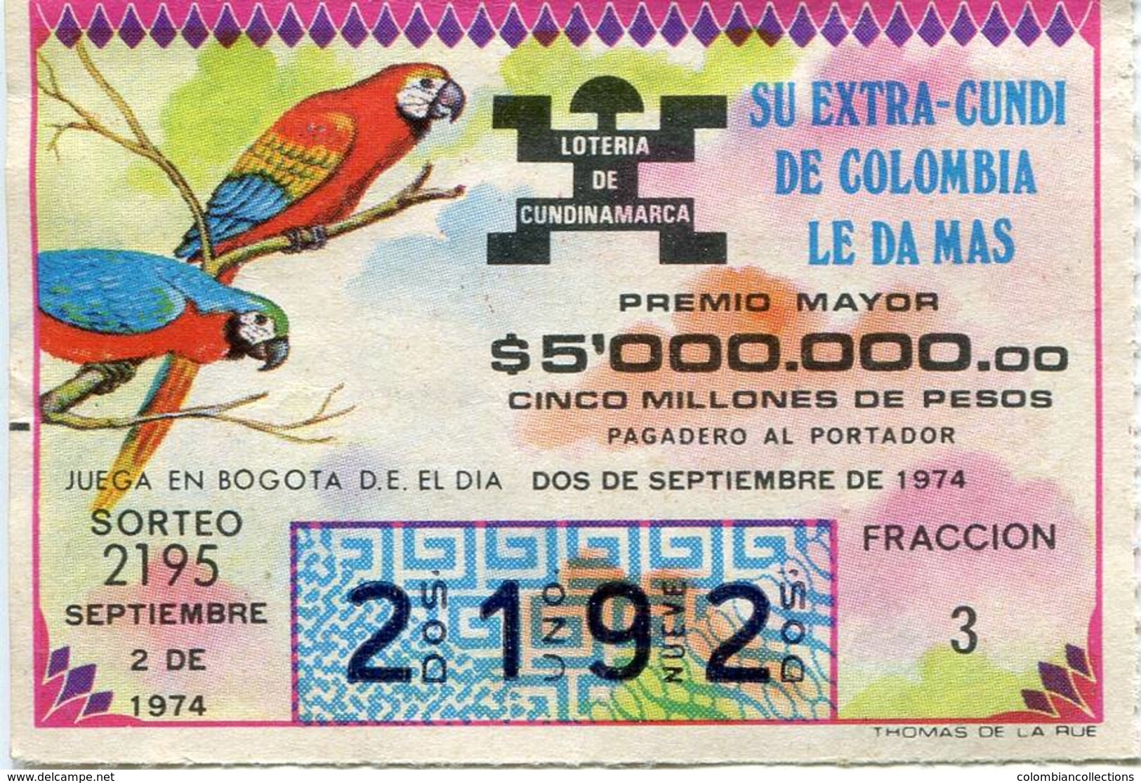 Lote 726, Colombia, Loteria, Lottery, Loteria De Cundinamarca, Sorteo 2195, Papagayo, Macaw, Bird - Billetes De Lotería