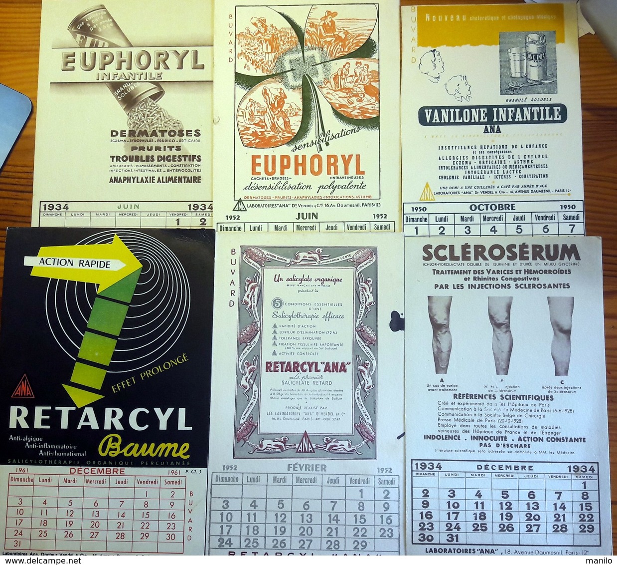 6 Buvards Anciens Produits Pharmaceutiques - LABORATOIRES "ANA" Dr VENDEL Paris CALENDRIERS 1934/1950/1952/1961 - Chemist's