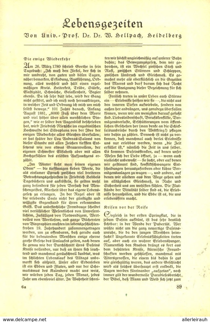 Lebensgezeiten (Von Univ.Prof. Heilpach)  / Artikel, Entnommen Aus Zeitschrift /1936 - Colis