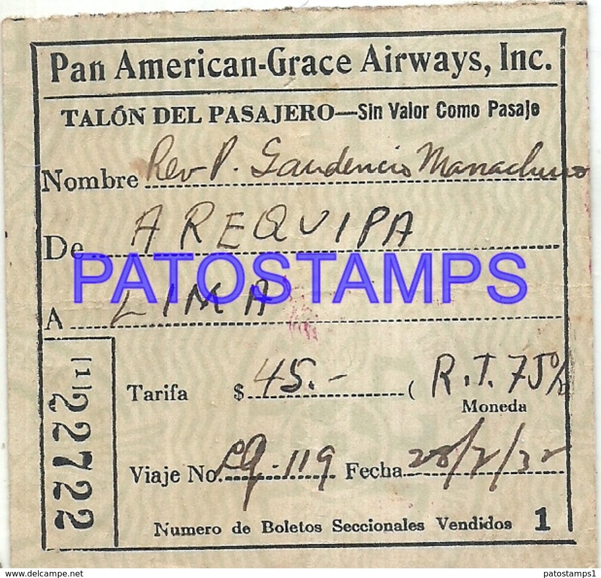 94053 PERU AVIATION AVIACION AIRPORT YEAR 1935 TICKET PAN AMERICAN NO POSTAL POSTCARD - Autres & Non Classés