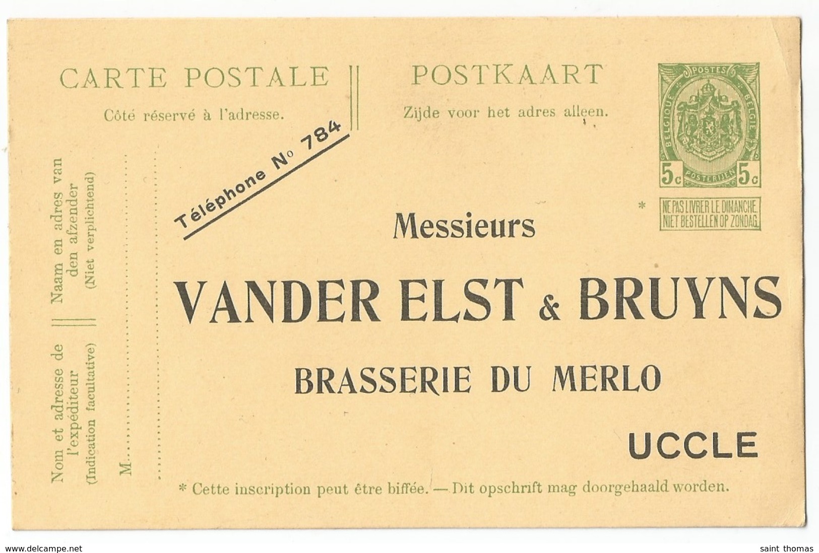 Belgique Belgie Entier Postal 5c Repiquage Brasserie Du Merlo, Vers 1910, Neuf - Errors & Oddities