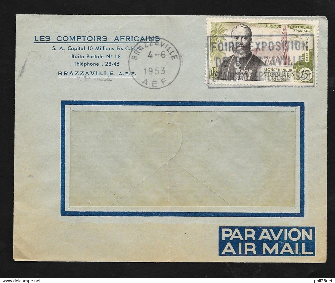 AEF Lettre Par Avion Les Comptoirs Africains Brazzaville 4/6/1953 P.A. N°56  Flamme Foire Exposition  B/TB - Lettres & Documents