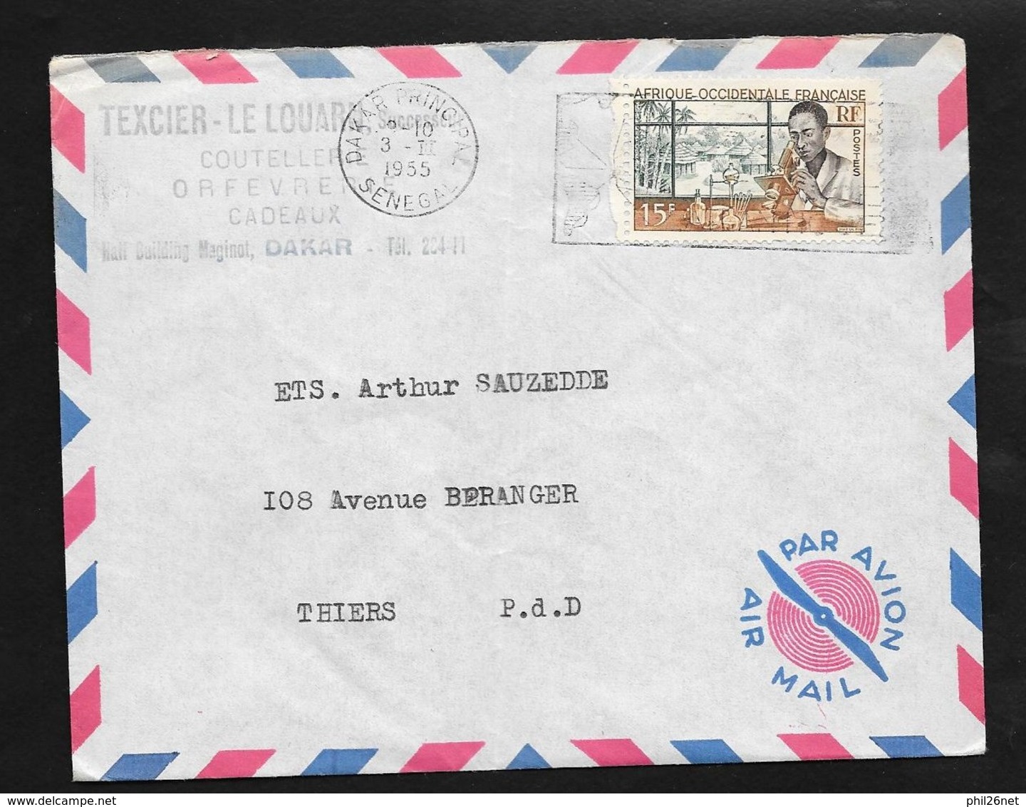 AOF Lettre Par Avion Texier -Le Louarn Coutellerie Orfévrerie Dakar Le 03/10/1955 N°48 Seul    B/TB - Cartas & Documentos