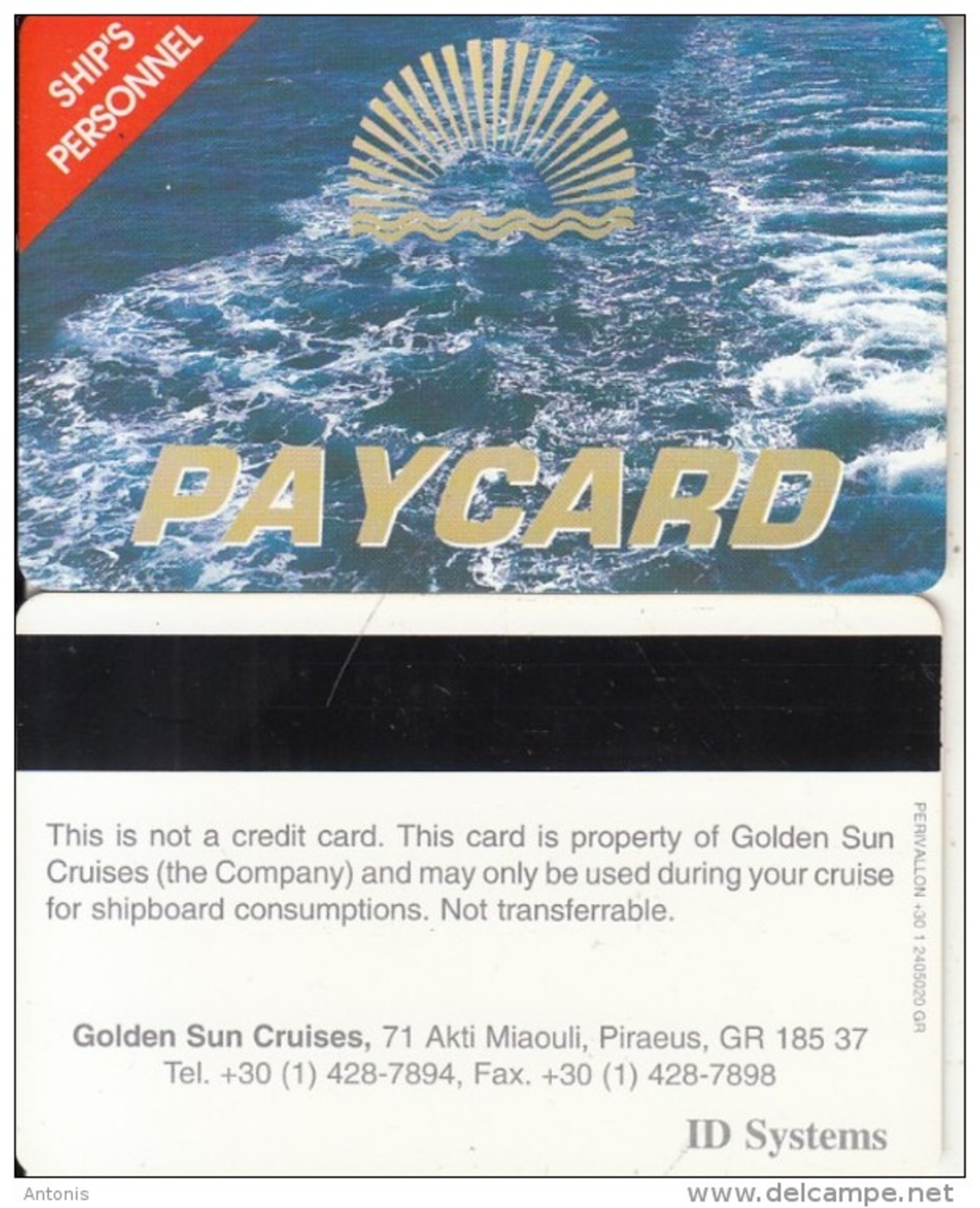 GREECE - Golden Sun Cruises, Ship"s Personnel Paycard, Sample - Hotel Keycards