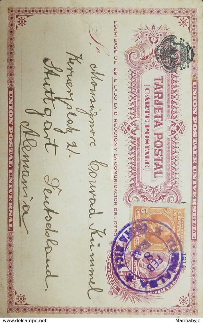 A) 1920 (9 FEB) TURRIALBA - GERMANY, STUTTGARD, HABILITADA 1914 4C VIOLET STAT CARD 5C ORANGE ADTL, LOVELY ITEM. - Covers & Documents