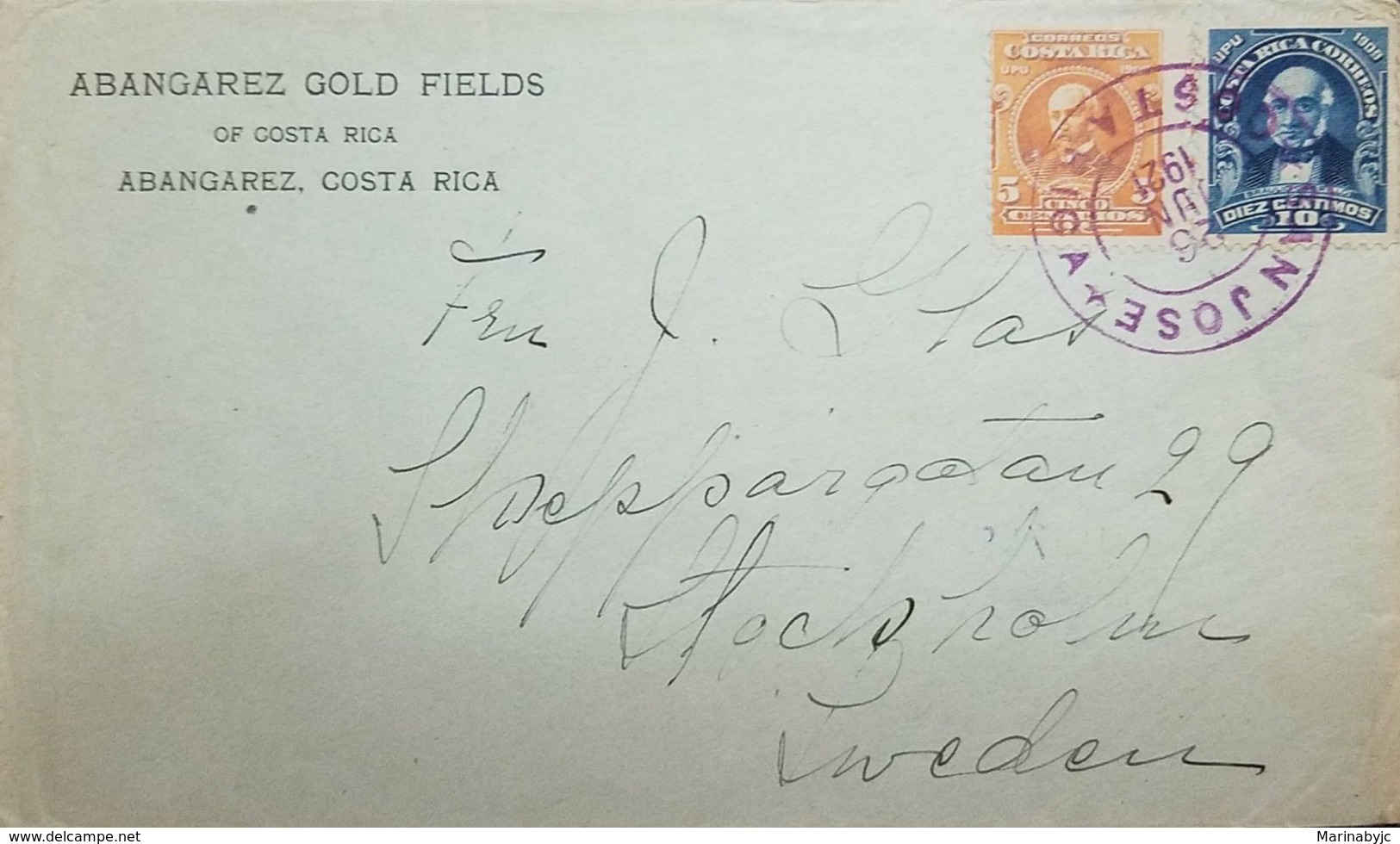 A) 1921 ABANGAREZ - SAN JOSE - SWEDEN, FRANKED ENV, VF GOLD FIELDS. - Lettres & Documents