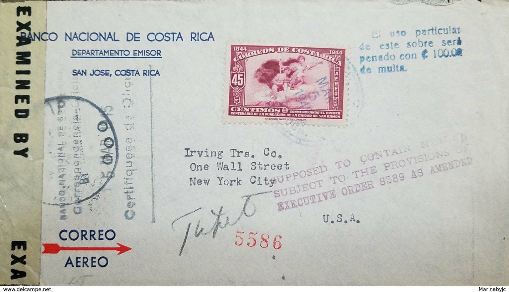 A)1945 (5 MARCH) SAN JOSE - USA NEW YORK CITY (8-9 MARCH) AIR SINGLE 45C FKD ENVELOPE + CENSOR + 4 SPECIAL INSTRUCTION C - Lettres & Documents