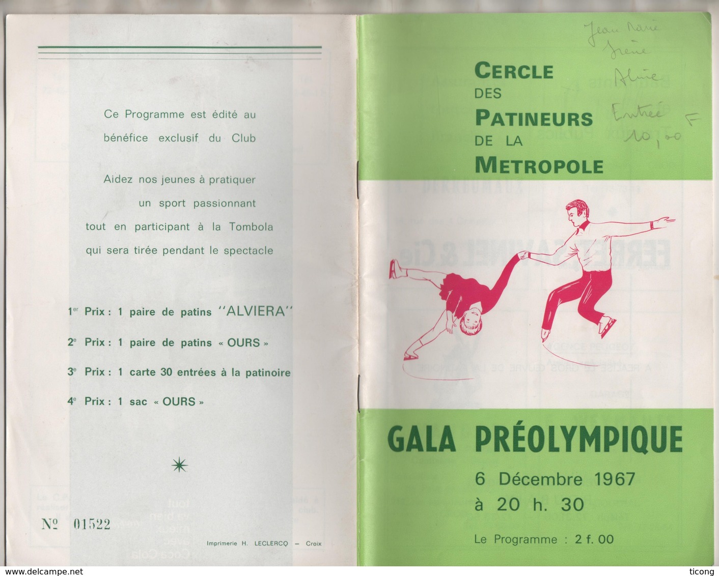 CROIX 59 NORD  CERCLE DES PATINEURS DE LA METROPOLE, GALA PREOLYMPIQUE 1967 ( PROGRAMME NUMEROTEE ) VOIR LES SCANNERS - Patinage Artistique