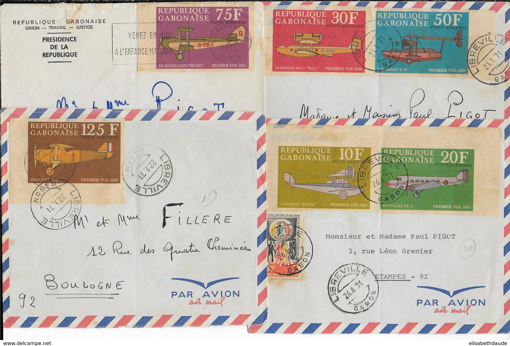 1971 - GABON - TIMBRES NON DENTELES POSTE AERIENNE RARES SUR 4 LETTRES De LIBREVILLE => FRANCE - Gabon (1960-...)