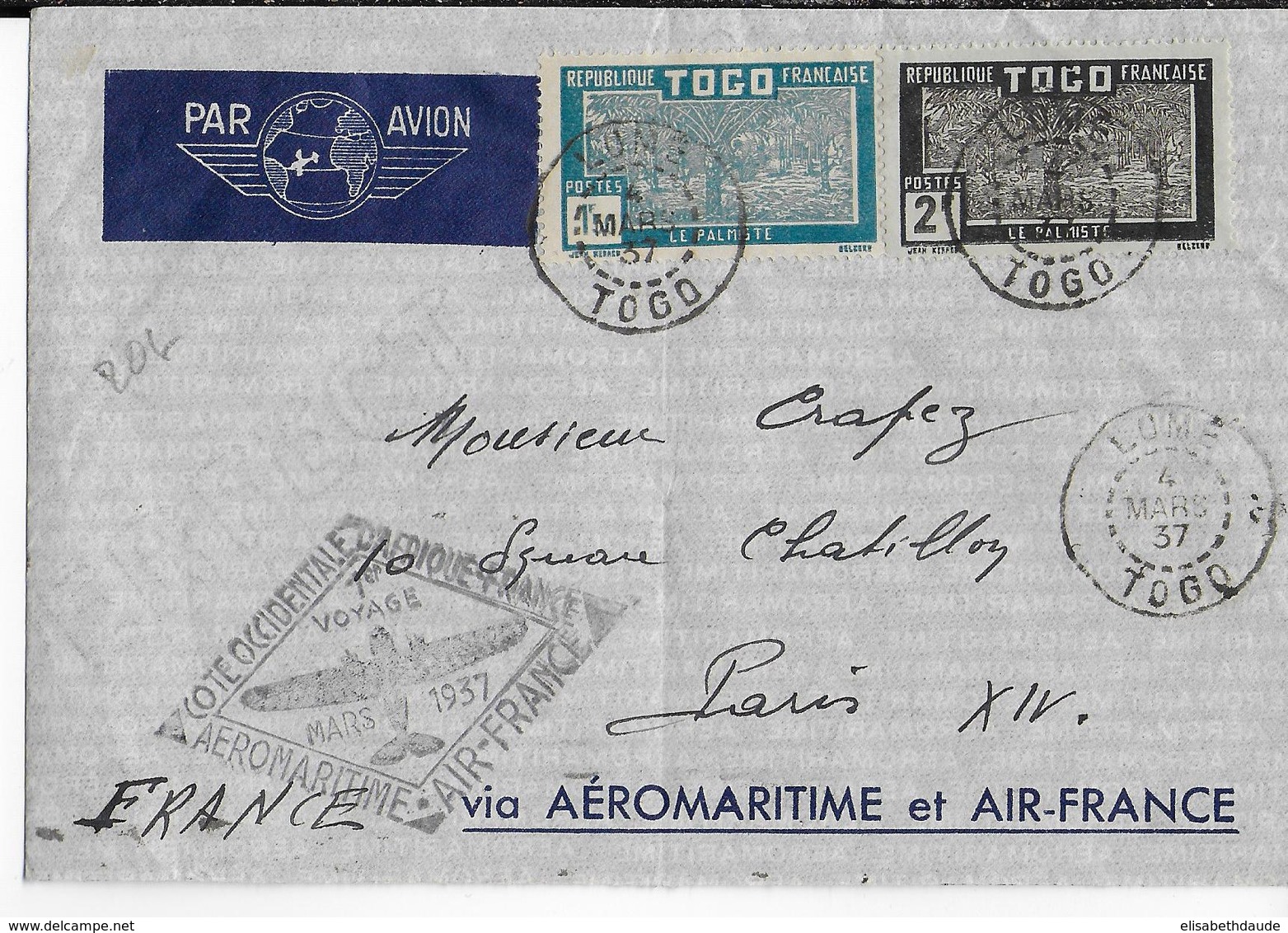 1937 - TOGO - AEROMARITIME Et AIR FRANCE - ENVELOPPE Par AVION De LOME => PARIS - Storia Postale