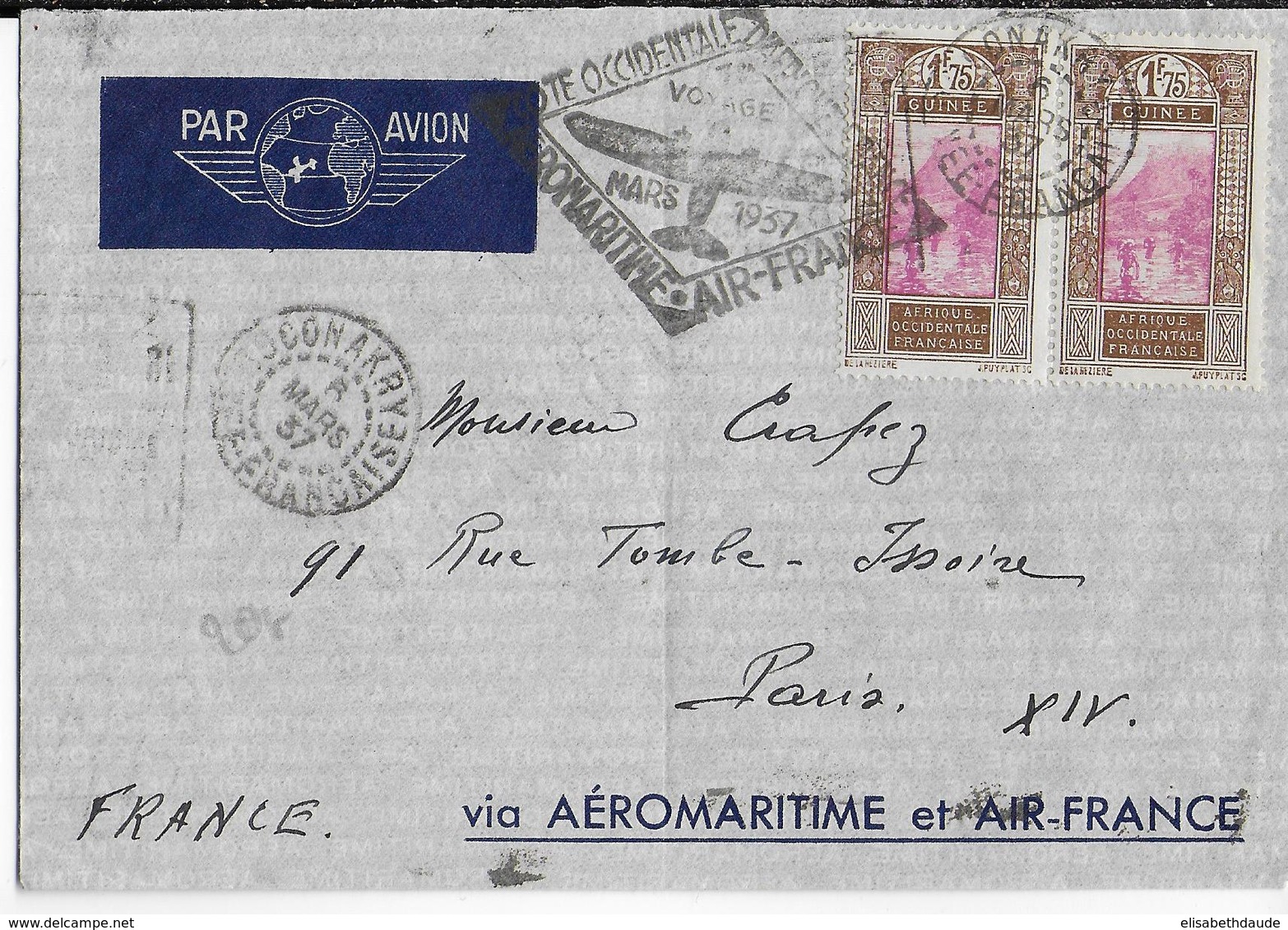 1937 - GUINEE - AEROMARITIME Et AIR FRANCE - ENVELOPPE Par AVION De CONAKRY => PARIS - Cartas & Documentos