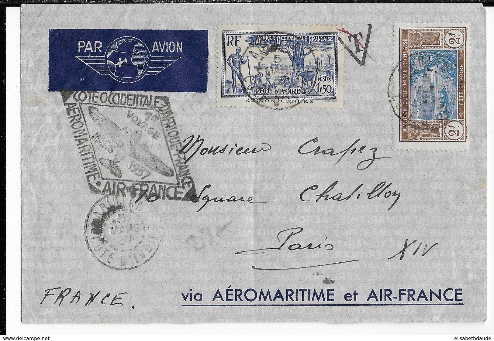 1937 - COTE D'IVOIRE - AEROMARITIME Et AIR FRANCE - ENVELOPPE Par AVION De ABIDJAN => PARIS - Lettres & Documents