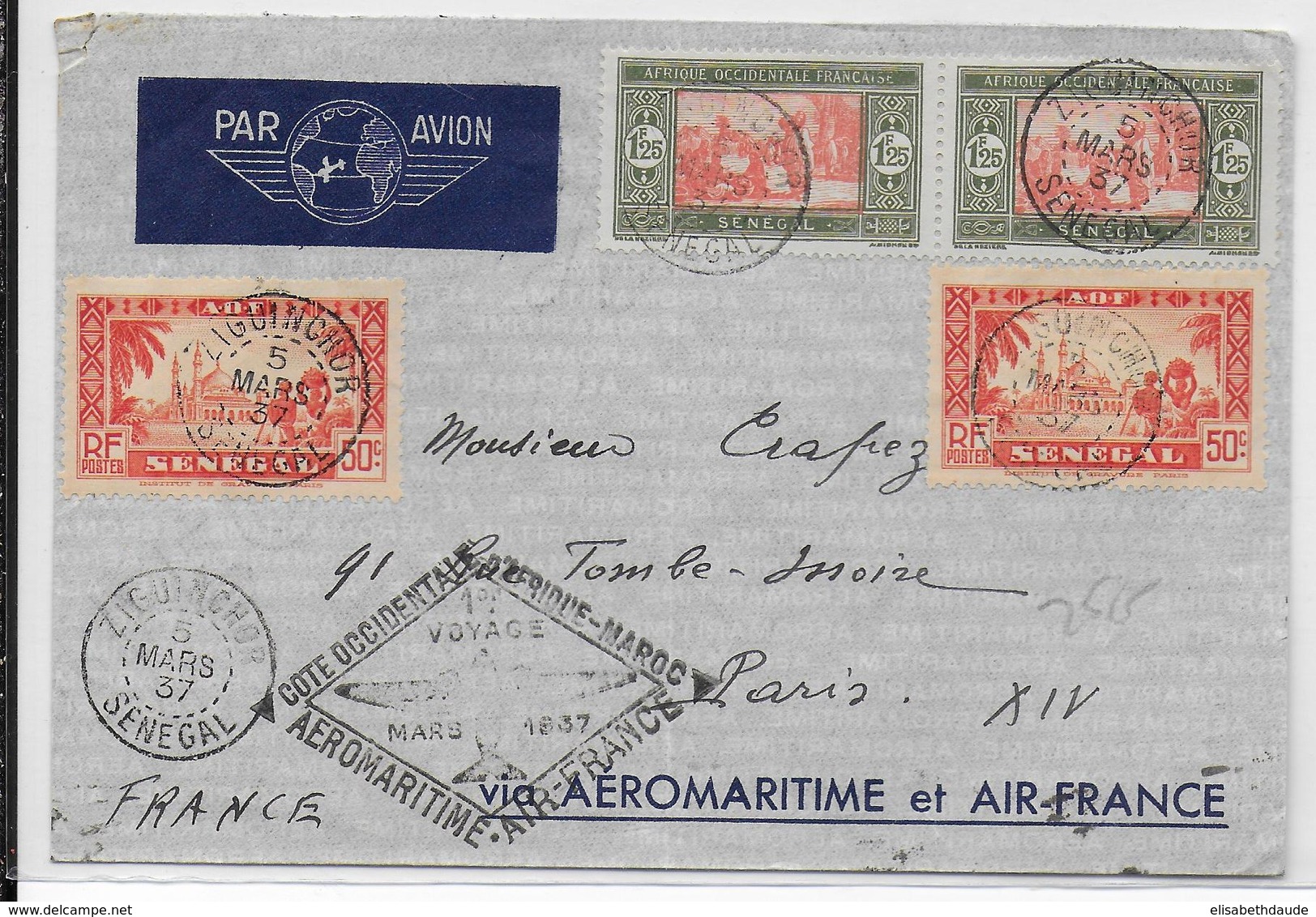 1937 - SENEGAL - AEROMARITIME Et AIR FRANCE - ENVELOPPE Par AVION De ZIGUINCHOR => PARIS - Brieven En Documenten