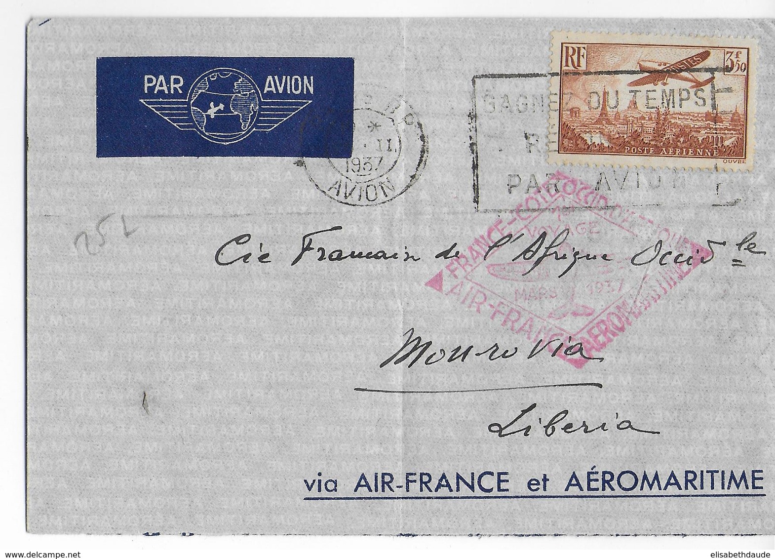 1937 - AEROMARITIME Et AIR FRANCE - ENVELOPPE Par AVION De PARIS => MONROVIA (LIBERIA) - 1927-1959 Lettres & Documents