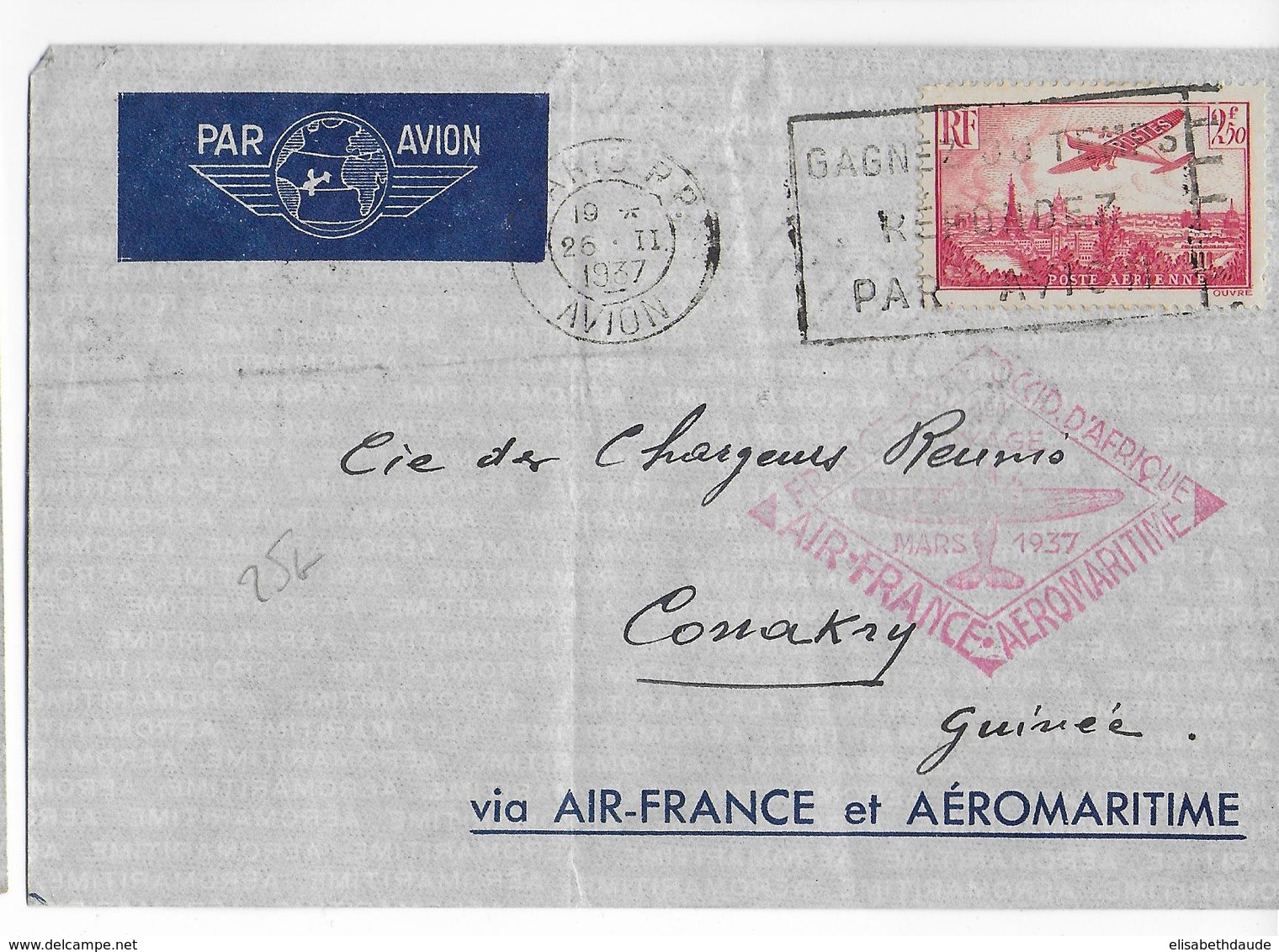 1937 - AEROMARITIME Et AIR FRANCE - ENVELOPPE Par AVION De PARIS => CONAKRY (GUINEE) - 1927-1959 Lettres & Documents