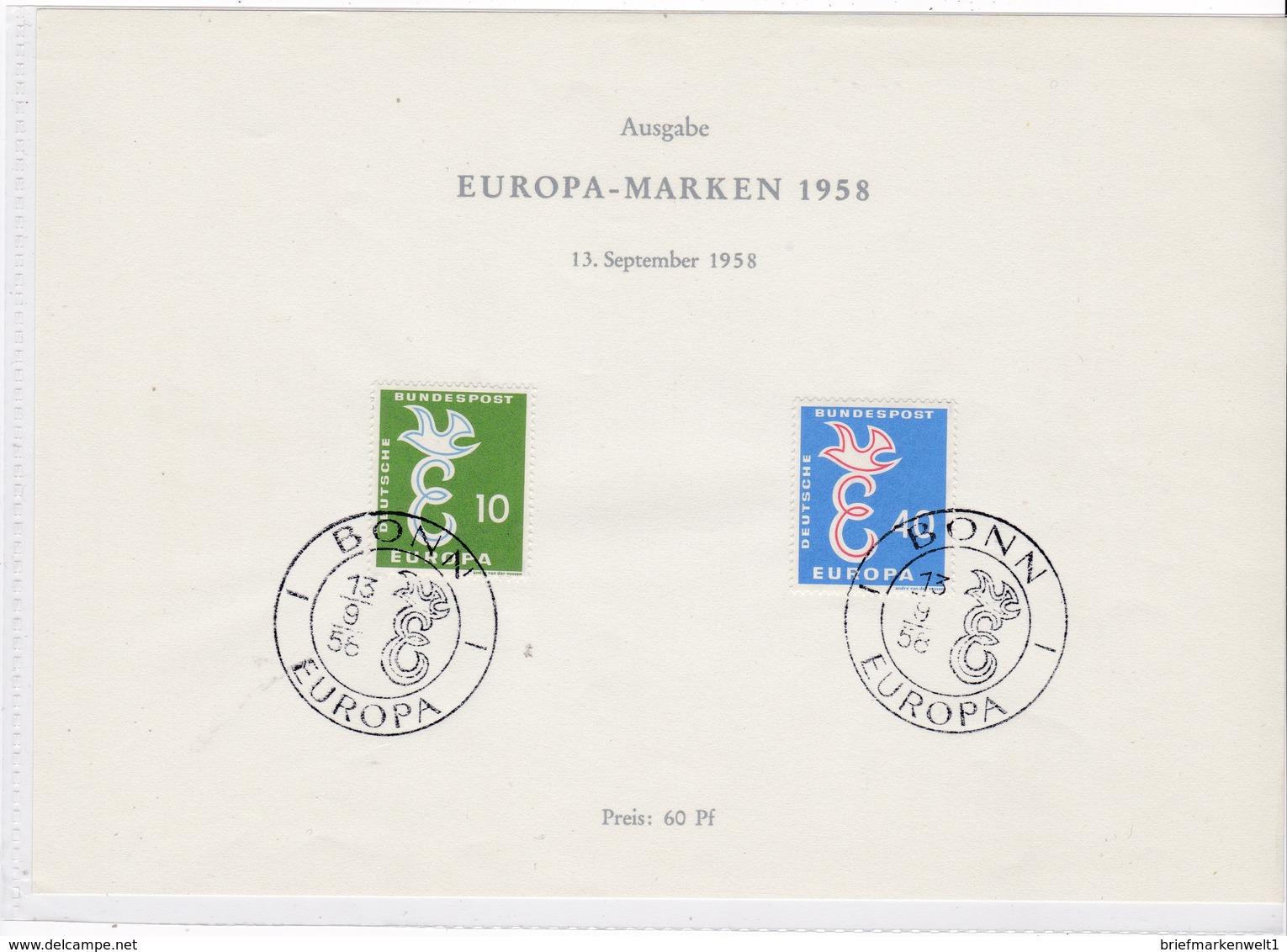 Europa Cept, BRD Nr. 295/96, Amtl. Sonderblatt (A 100) - 1958