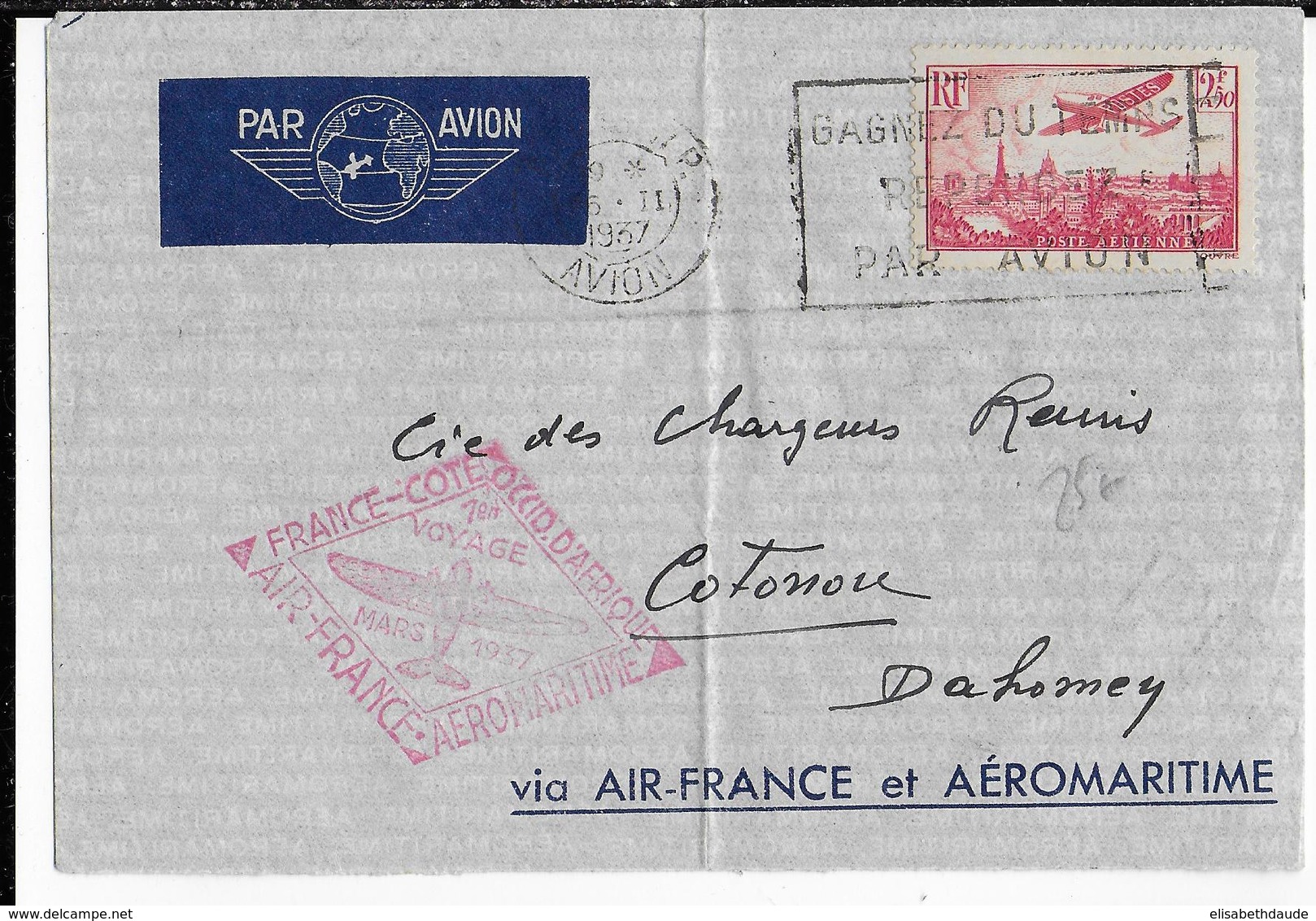 1937 - AEROMARITIME Et AIR FRANCE - ENVELOPPE Par AVION De PARIS => COTONOU (DAHOMEY) - 1927-1959 Lettres & Documents
