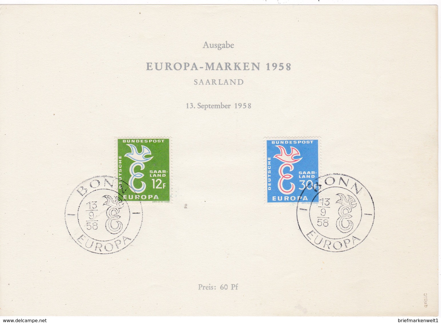 Europa Cept, Saarland Nr. 439/40/96, Amtl. Sonderblatt (A 101) - 1958