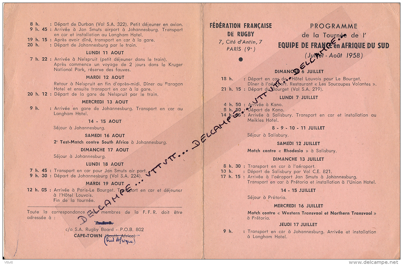 Rugby: Rare Programme De La Tournée De L'Equipe De France En Afrique Du Sud (Juillet-Août 1958) édité Par La Fédération - Rugby