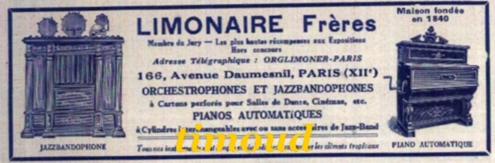 LIMONAIRE FRERES / PARIS / ORCHESTROPHONES JAZZBANDOPHONES PIANOS AUTOMATIQUES.. / PUB 1928 - Unclassified