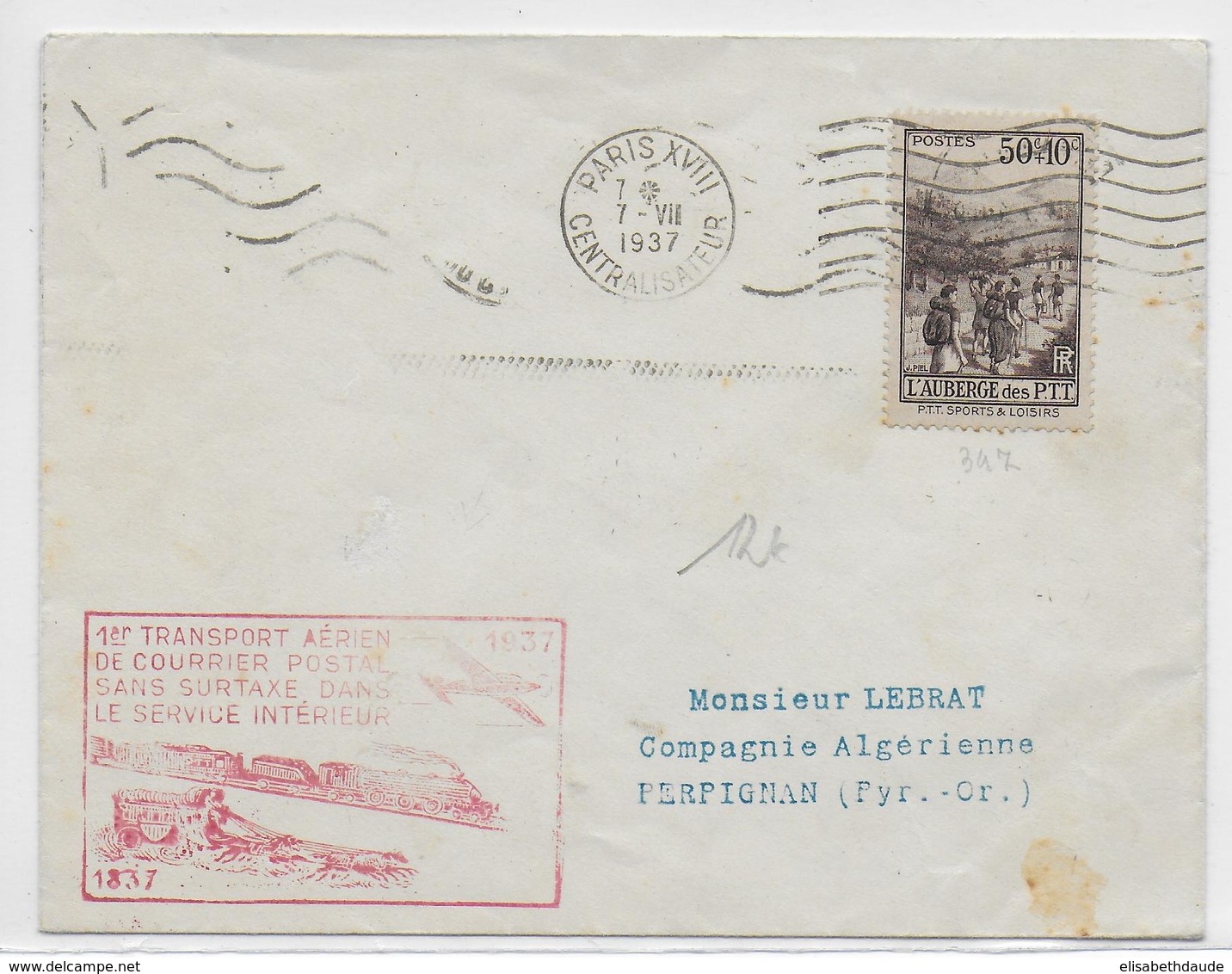 1937 - LETTRE Par AVION De PARIS => PERPIGNAN - 1° COURRIER AERIEN SANS SURTAXE - 1927-1959 Lettres & Documents