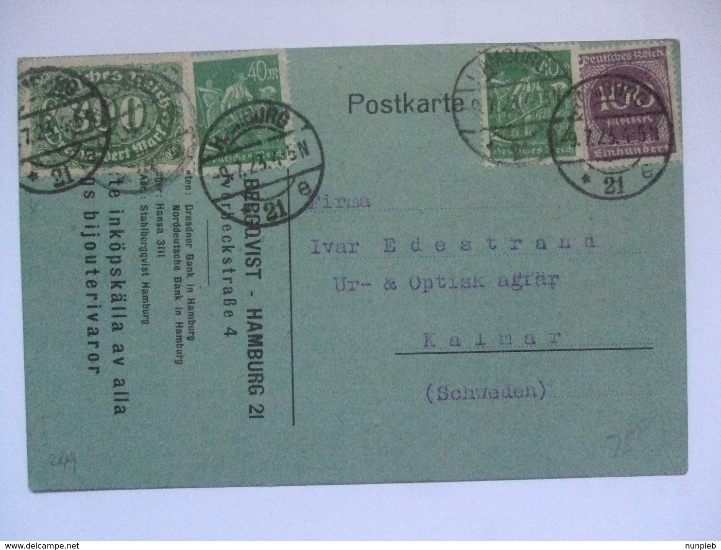 GERMANY - 1923 Inflation Postcard - Hamburg To Kalmar Sweden - 480 Dm Rate - Briefe U. Dokumente