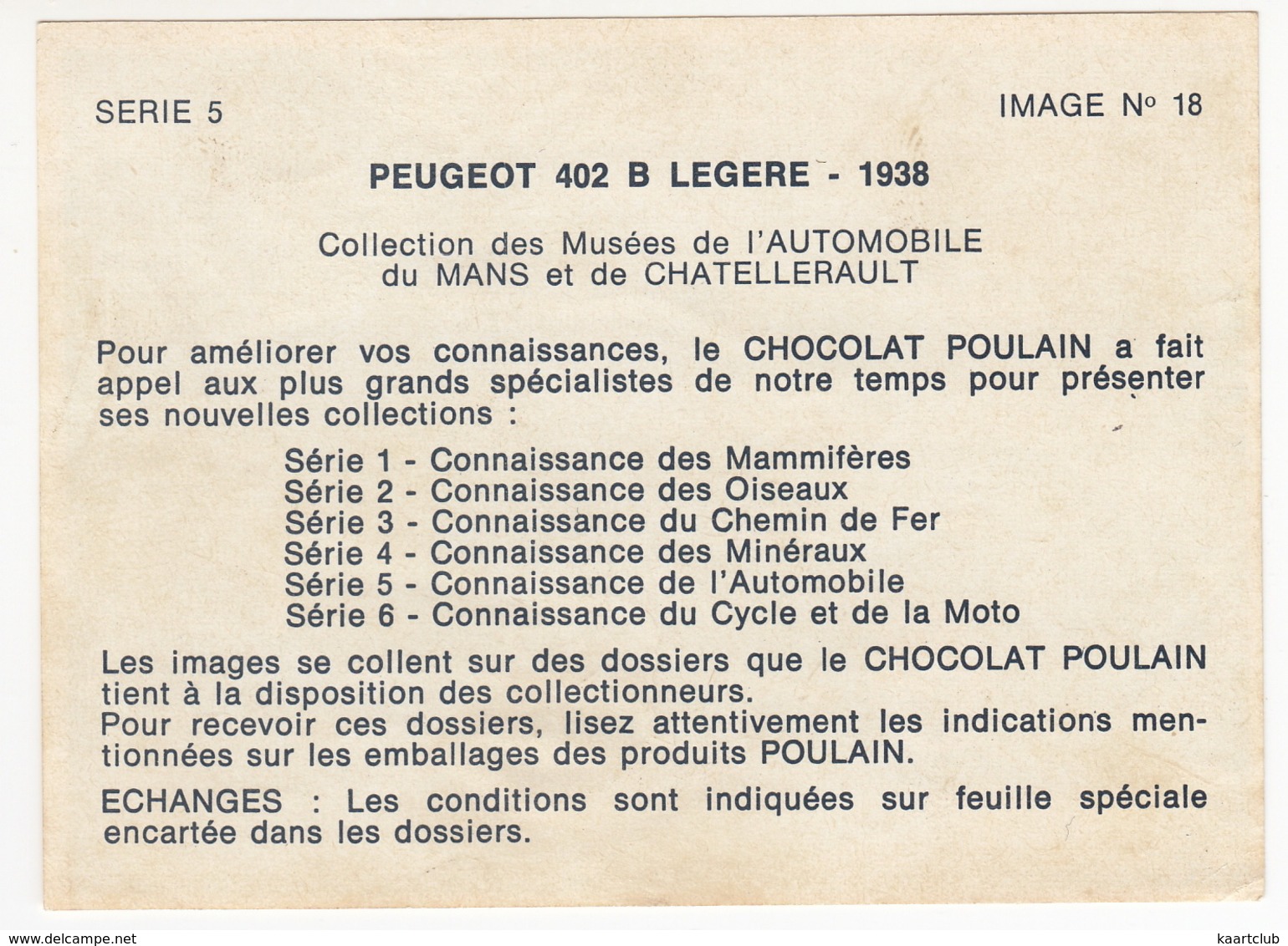 PEUGEOT 402 B LEGERE - 1938 - Serie 5 Image No 18 - CHOCOLAT POULAIN - Poulain