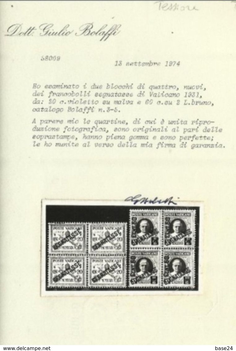 1931 Vaticano Vatican SEGNATASSE  POSTAGE DUE 4 Serie Di 6v. In Quartina MNH** Bl.4  20c E 60c Con Certificato Bolaffi - Postage Due