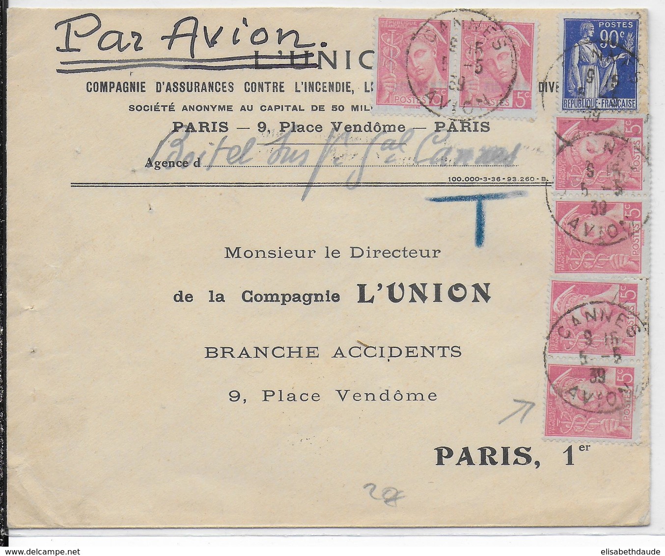 1939 - MERCURE + PAIX Sur LETTRE Par AVION Avec RARE CACHET "CANNES AVION" (ALPES MARITIMES) - 1960-.... Lettres & Documents