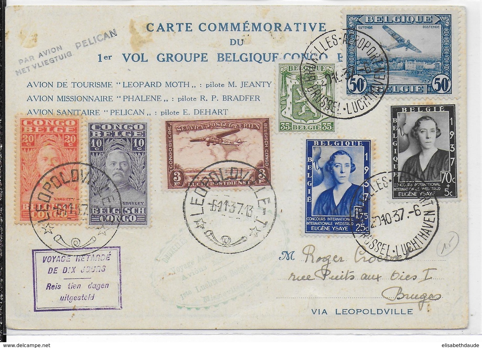 1937 - CARTE COMMEMORATIVE Du 1° VOL BELGIQUE - CONGO BELGE Par AVION RETARDE De 10 JOURS - Lettres & Documents