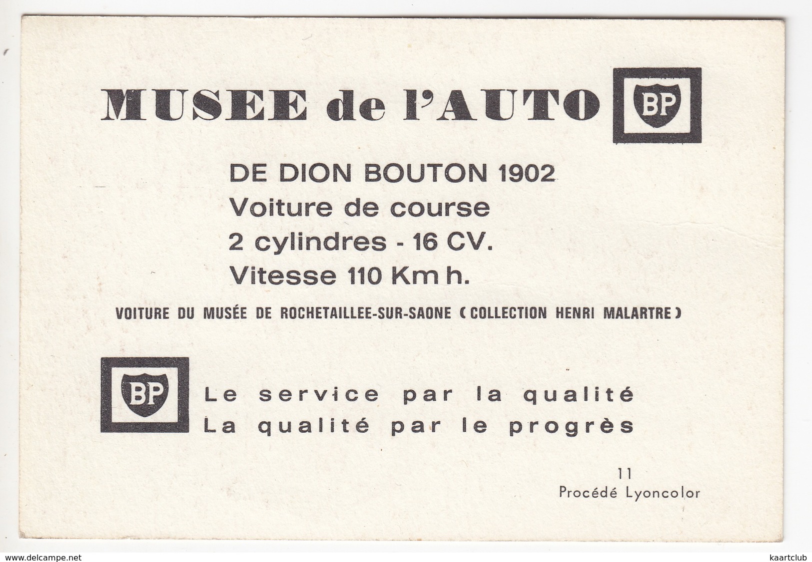 DE DION BOUTON 1902 Voiture De Course, 2 Cylindres  -  Musée De L'Auto - Rochetaillee-sur-Saone - 'BP' Service - Automobili