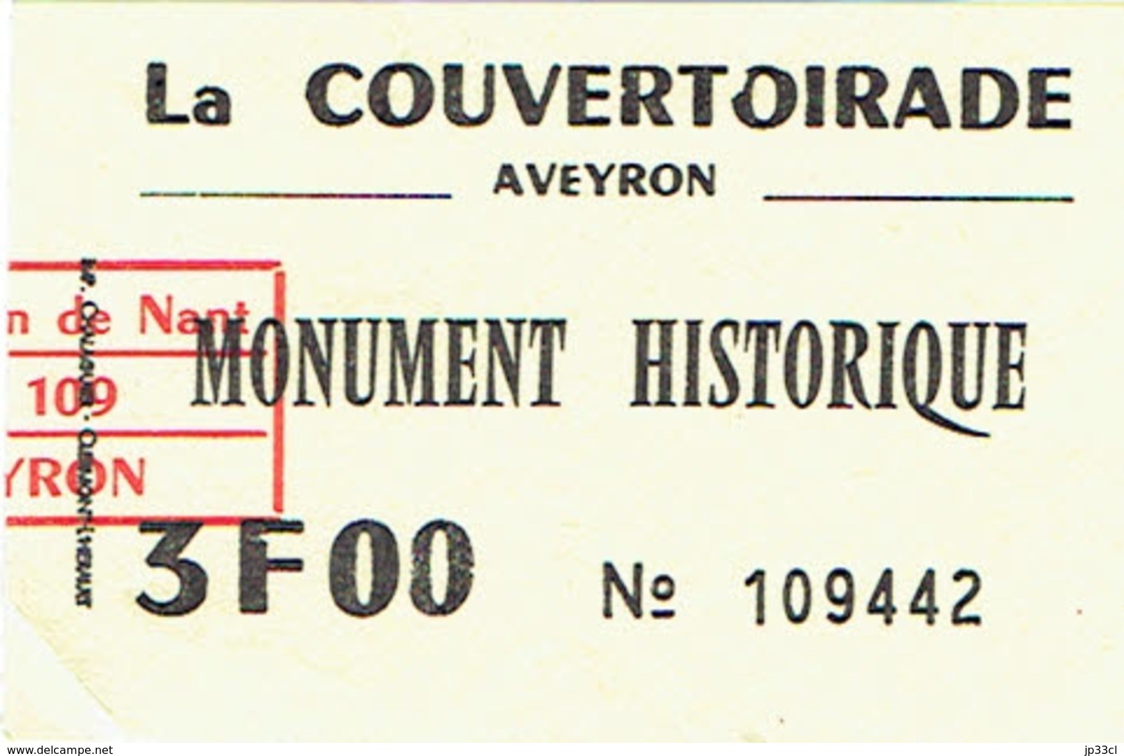 Ancien Ticket D'entrée La Couvertoirade, Aveyron, Monument Historique (années 1970) - Tickets - Vouchers