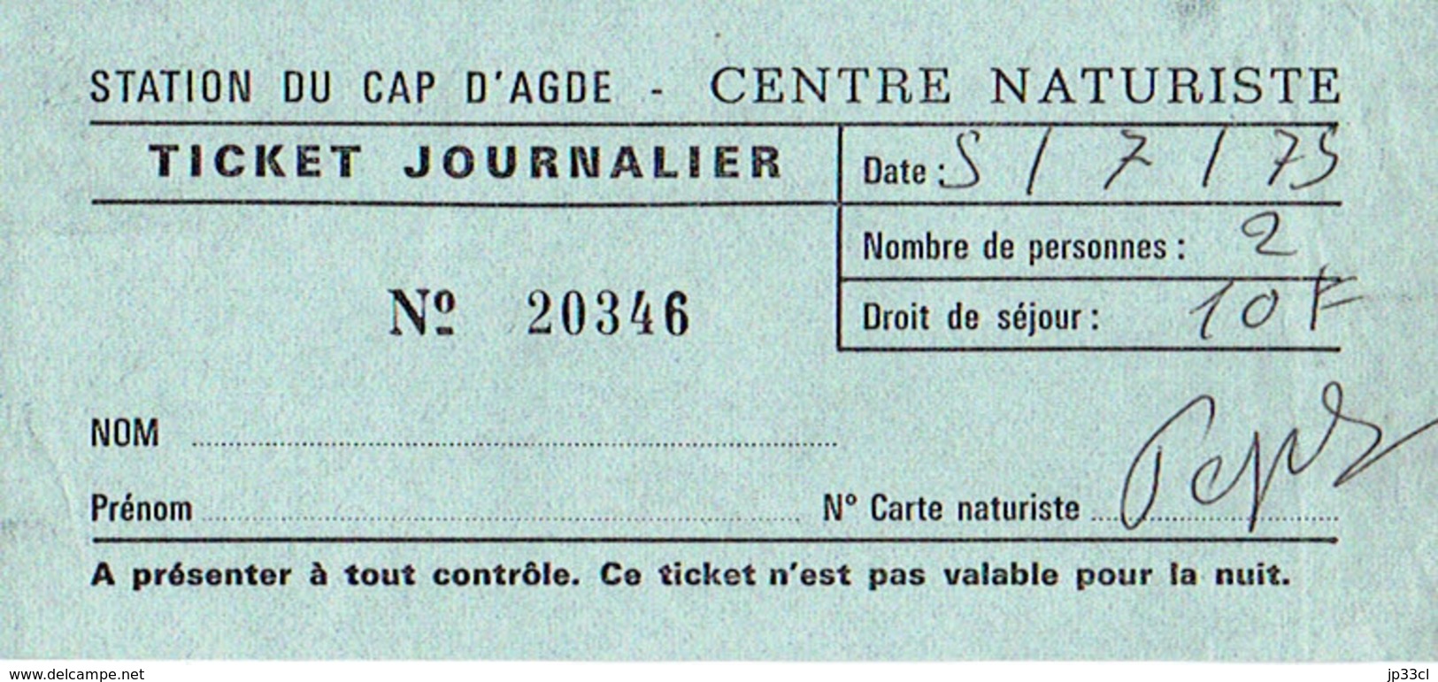 Ancien Ticket Journalier D'entrée Au Centre Naturiste Du Cap D'Agde (5/7/1975) - Tickets D'entrée