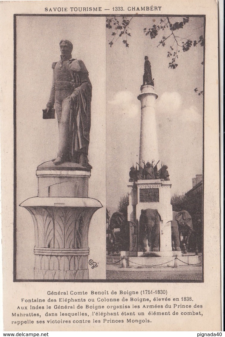 Cp , 73 , CHAMBÉRY , Général Comte Benoît De Boigne (1751-1830), Fontaine Des Éléphants Ou Colonne De Boigne (1833) - Chambery