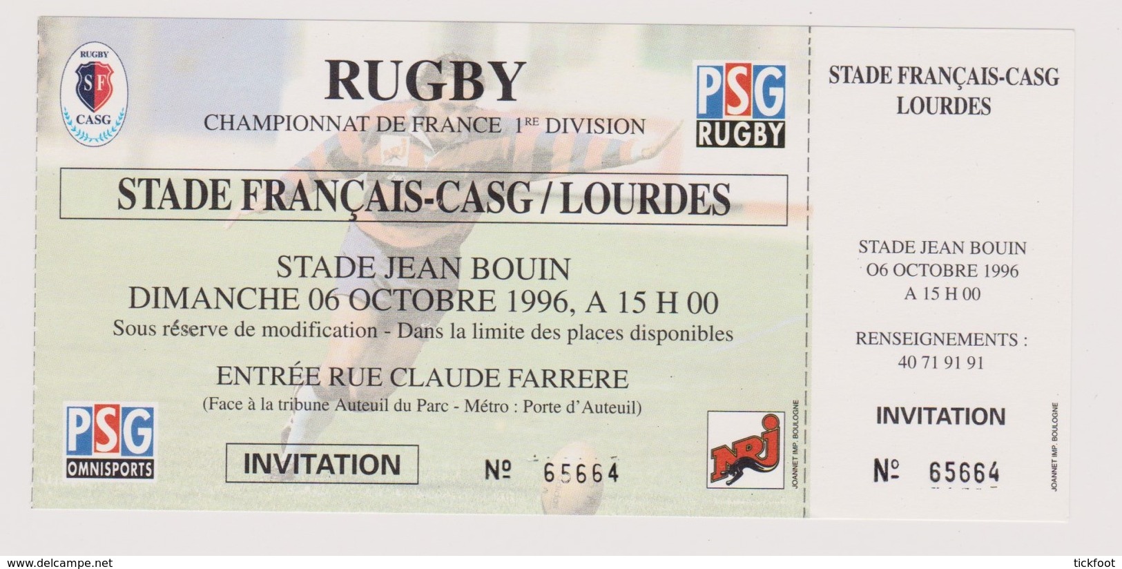 Ticket Collection RUGBY : Stade Français CASG - Lourdes 06/10/1996 - Tickets - Entradas