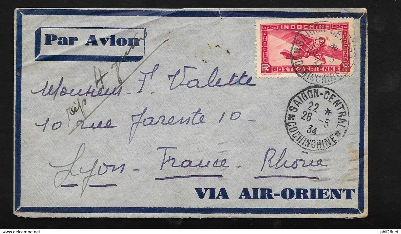 Indochine Lettre Par Avion Air Orient  De Saïgon Le 26/5/1934  à Lyon Via Marseille Le 03/06/1934 PA N°8  B/TB - Covers & Documents