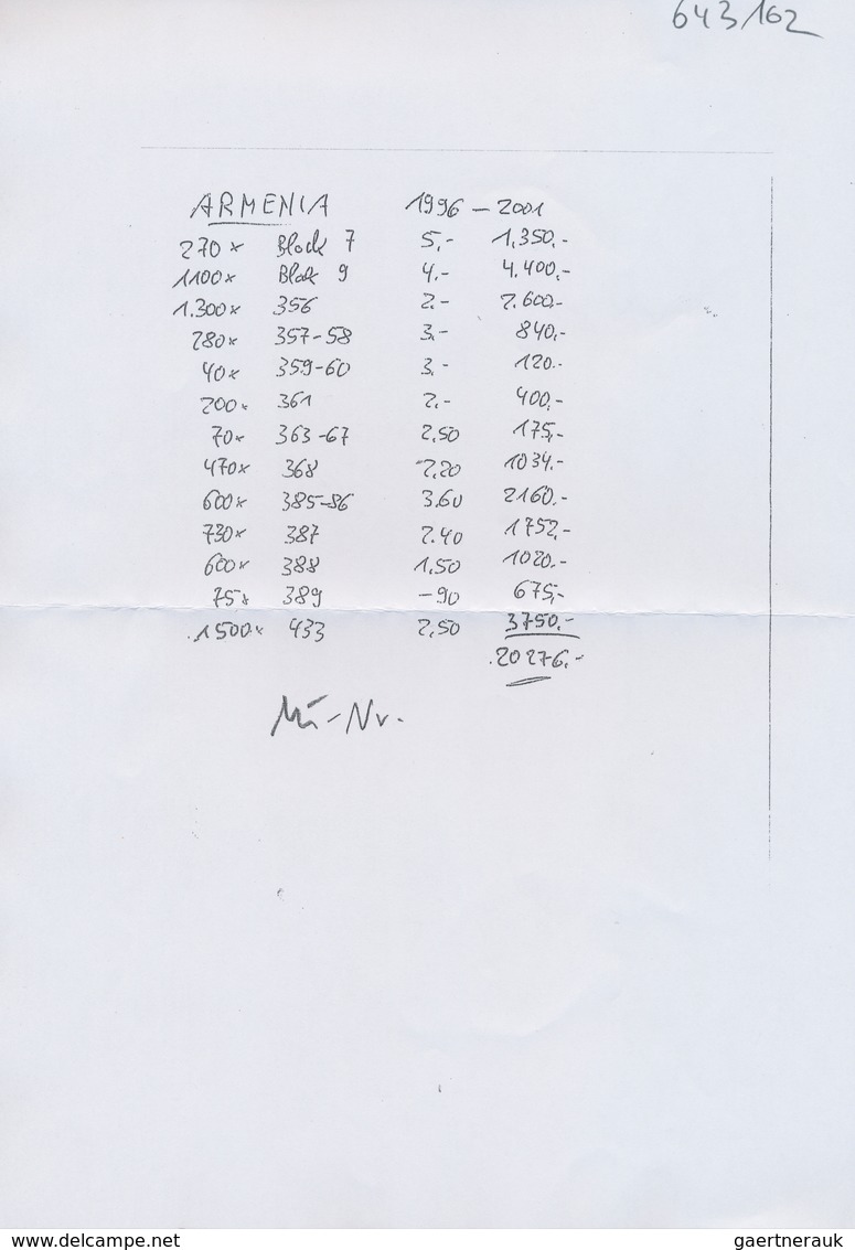 29413 Armenien: 1996/2001. Stocklot with mint, NH, stamps, souvenir and miniature sheets from the mentione