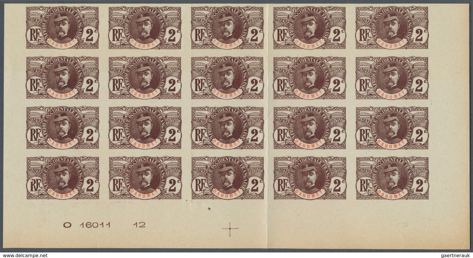 29439 Dahomey: 1906, 2c. General Faidherbe IMPERFORATE, 40 Copies Within Two (folded) Marginal Blocks Of 2 - Andere & Zonder Classificatie