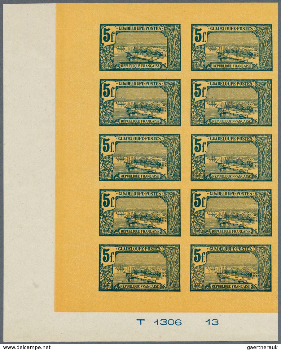 29446 Guadeloupe: 1905, 5fr. Pointe-a-Pitre IMPERFORATE, 25 Copies Within Marginal Units (block Of 15 And - Briefe U. Dokumente