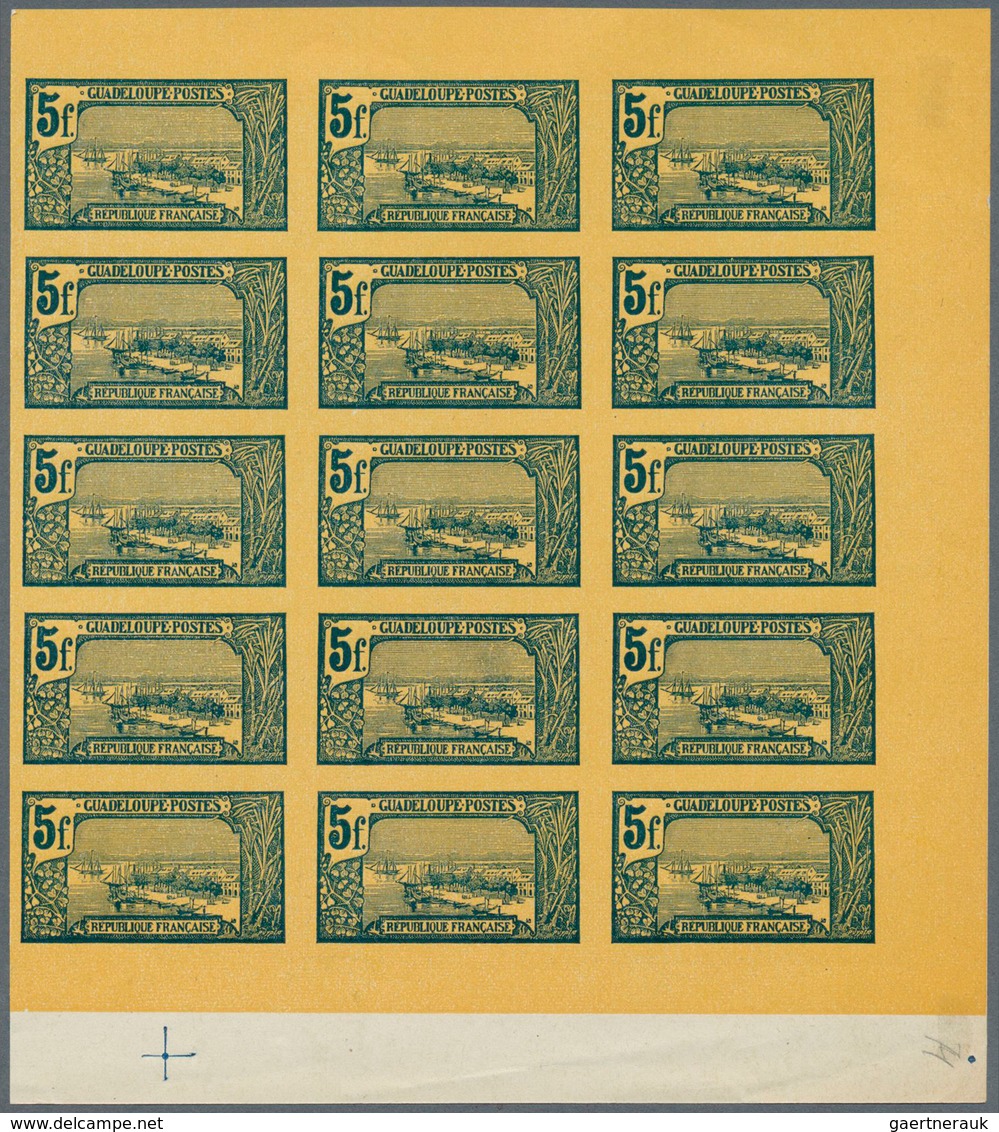 29446 Guadeloupe: 1905, 5fr. Pointe-a-Pitre IMPERFORATE, 25 Copies Within Marginal Units (block Of 15 And - Briefe U. Dokumente