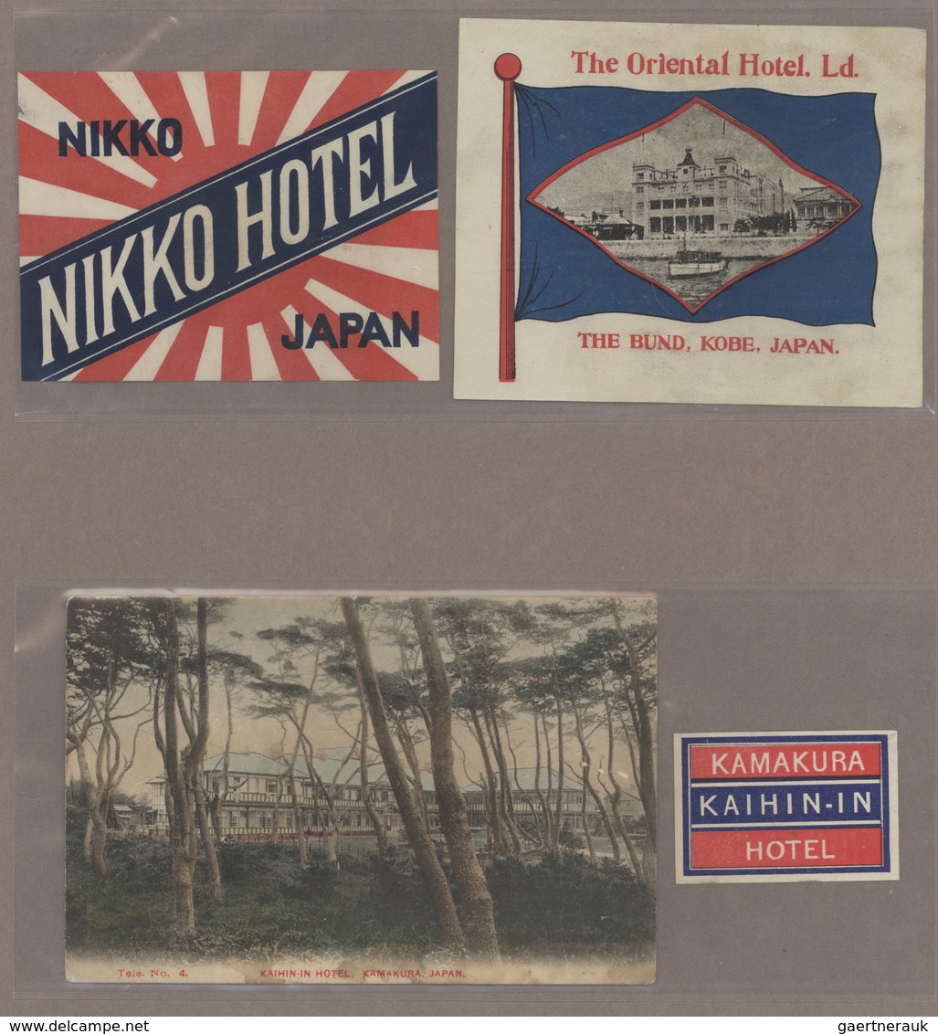 29461 Japan: 1884/1943 (ca.), Mixed Bag Of Used Stationery, Covers, WWII-war Bonds, Pre-WWII Hotel Sticker - Autres & Non Classés