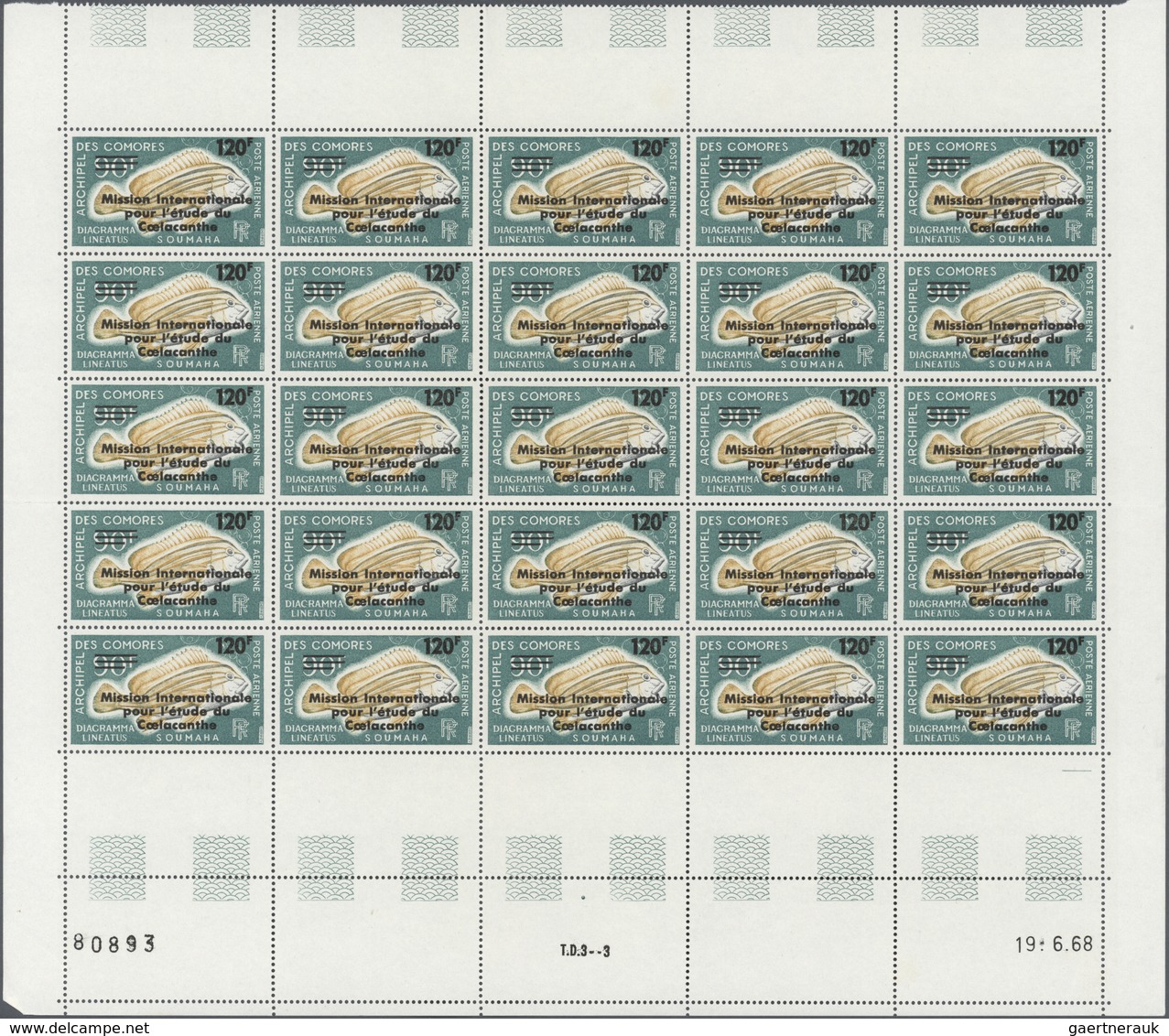 29493 Komoren: 1973, Coelacanth Expedition, 120fr. On 90fr., 260 U/m Copies Within Units (mainly Folded Sh - Sonstige & Ohne Zuordnung