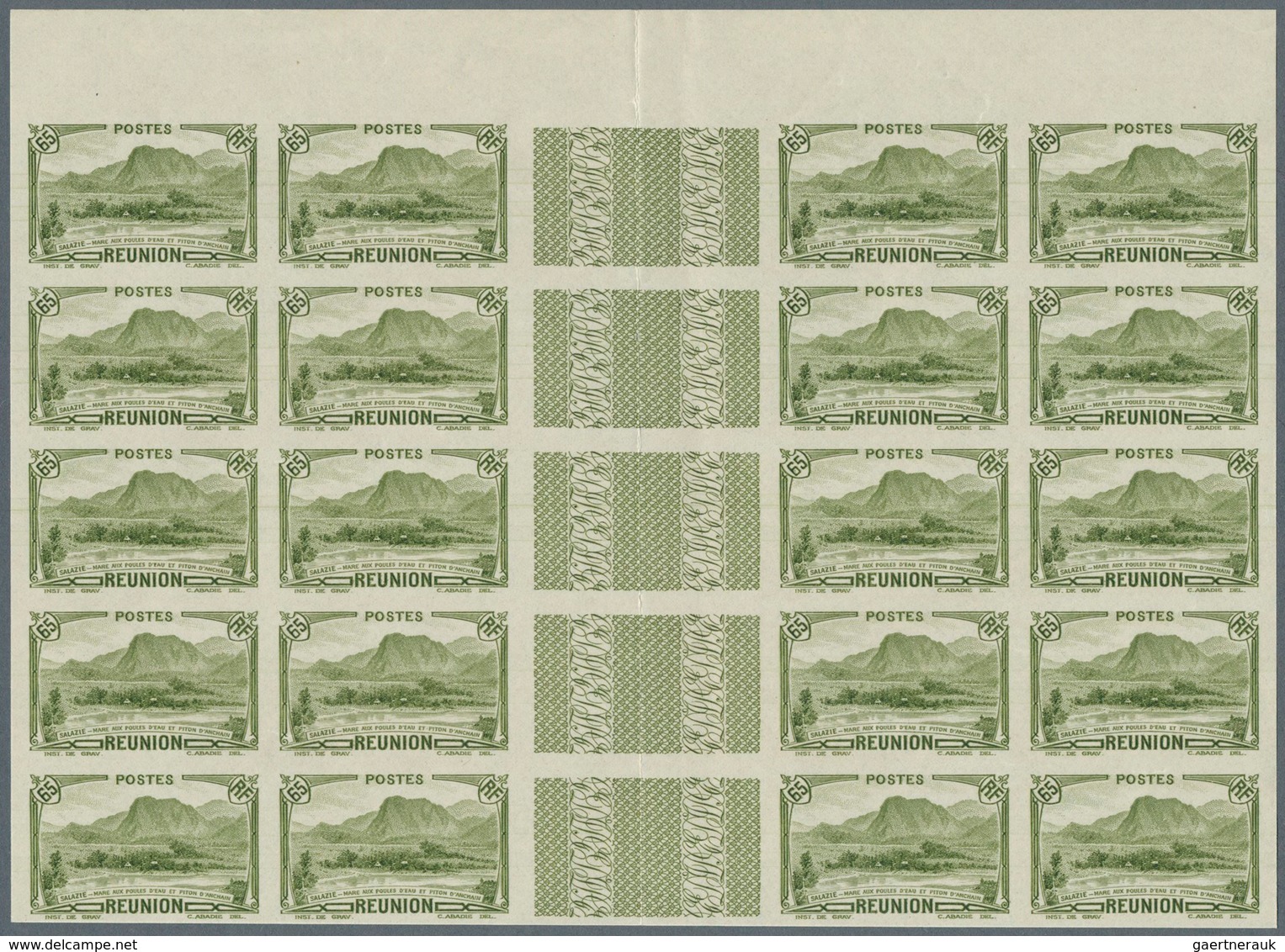 29528 Reunion: 1933, Definitives Pictorials, 65c. "Piton D'Anchain" IMPERFORATE, Gutter Block Of 20 Stamps - Lettres & Documents